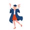 Happy dance of female graduate, girl in bachelor gown and cap holding diploma scroll
