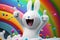 Happy dancing Easter bunny on colorful rainbow background. Cartoon characters with thumbs up on. Generative AI
