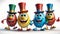 Happy dancing Easter Eggs holding hands and smiling wearing Top hats