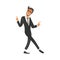 Happy dancing groomsman, man in suit, tuxedo in flat cartoon style.