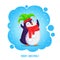 Happy dancing penguin in an elven hat and red scarf. Cartoon vector illustration. Pre-made postcard with text Merry Christmas