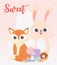Happy day, little fox and rabbit with donut caramel biscuits cartoon