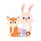 Happy day, little fox and rabbit with donut caramel biscuits cartoon