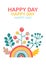 Happy day, text. Colorful stylish rainbow, hand-drawn oak leaves, berries, twigs .