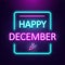 `Happy December` neon lettering style on dark brick wall background, vector illustration