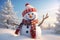 Happy decorated snowman in hat and scarf in winter snowy seasonal holiday. AI generated