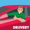 Happy delivery man sitting at the wheel of a red car shows `cool`