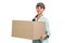 Happy delivery woman holding pack