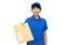 happy delivery woman holding parcel envelope