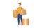 Happy deliveryman in uniform delivering packages, demonstrating good service. Vector illustration