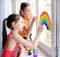 Happy Deri draw a rainbow on the window
