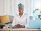 Happy, desk and portrait of a black woman for remote work, entrepreneurship or home management. Smile, business and an