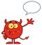 Happy Devil Cartoon Emoji Character Waving For Greeting With Speech Bubble