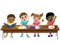 Happy diligent kids children sitting desk school isolated