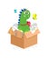 Happy dino in carton box. Kids toy gift