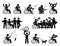 Happy disabled man doing various activities, hobbies, and leading a normal life stick figures icons.