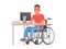 Happy disabled man sitting in a wheelchair at a desk at a computer. Handicapped person at work