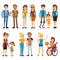 Happy disabled people in sport and social activities. Vector flat characters set