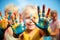 Happy diverse children raising painted hands kindergarten child kids playing playful joyful enjoying colorful paint