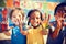 Happy diverse children raising painted hands kindergarten child kids playing playful joyful enjoying colorful paint
