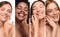 Happy diverse women enjoying skin softness