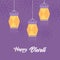 Happy diwali festival, hanging traditional lamps decoration mandalas purple background, vector design
