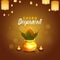 Happy diwali festival of light celebration greeting card with creative golden kalash