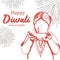 Happy Diwali greeting design with vintage hand drawn child girl, burning diya, and fireworks background. Vector illustration for c