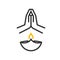 Happy diwali icon. Vector thin line illustration with lamp, flame and hands praying