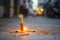 Happy Diwali - Lit diya lamp on street with firecrackers, neural network generated photorealistic image