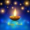 Happy diwali vector illustration. Festive diwali card. Design template with lamp, golden lights, colorful background. Blue