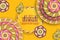 Happy Diwali yellow template with floral paisley and mandala. Flower and leaves patterns. Festival of lights