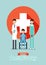 Happy doctor`s day with cartoon doctor men , doctor women ,Patient on wheelchair and white cross plus in red circle sign vector d