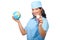 Happy doctor woman with globe and stethoscope