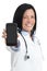 Happy doctor woman showing a blank smart phone display application