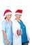Happy doctors women giving Christmas gift