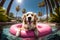 Happy dog enjoying summer swimming in inflatable ring in pool. AI generative golden retriever dog.