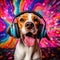 Happy Dog with Headphones on Colorful Background, AI Generated