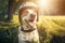 Happy dog with helmet on in the park on sunset. Pet insurance concept. AI Generative