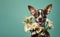 Happy dog holding bouquet fresh flowers over vivid turquoise background. Portrait adorable chihuahua puppy