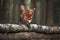 happy dog jumping over a fallen tree in the forest