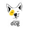 Happy dog logo on white background with yellow accent on left eye Smile smirk on his face Thin black lines Cute smiling