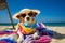 Happy Dog Lounging in Style: Beach Day Fun with Sunglasses and Sun Hat