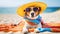 Happy Dog Lounging in Style: Beach Day Fun with Sunglasses and Sun Hat