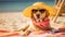 Happy Dog Lounging in Style: Beach Day Fun with Sunglasses and Sun Hat