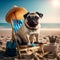Happy dog pug breed sitting on beach feeling. AI generative 