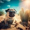 Happy dog pug breed sitting on beach feeling so happiness and fun vacations on the beach, Dog vacations, generative ai