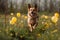 happy dog running in dandelion meadow with balloons