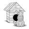 Happy dog sits in front of the doghouse.