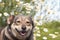 Happy dog with a smile on background of flowers daisies